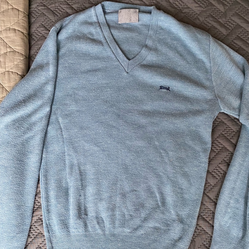 VINTAGE 90s Le Tigre Baby Blue V Neck Sweater GOOD CONDITION